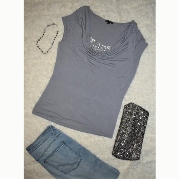 Express grey silver sequin sparkle scoop neck top size M - Picture 2 of 6